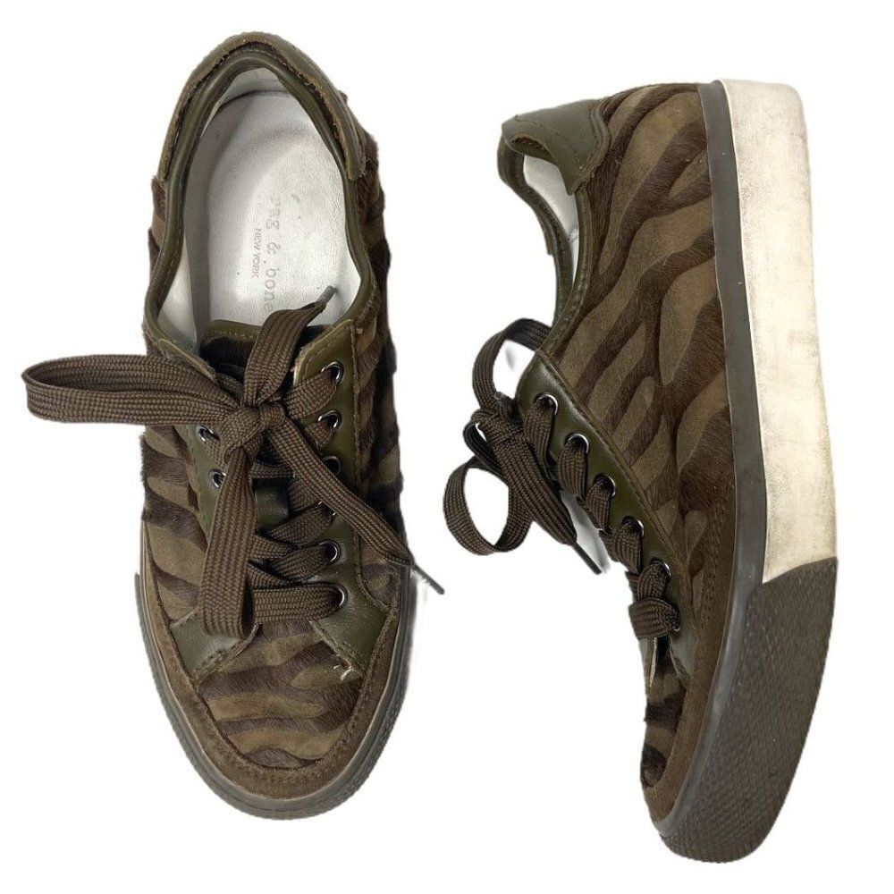 Rag & Bone Brown Calf Hair Army Zebra Print Lace Up Sneaker Shoes Size 37